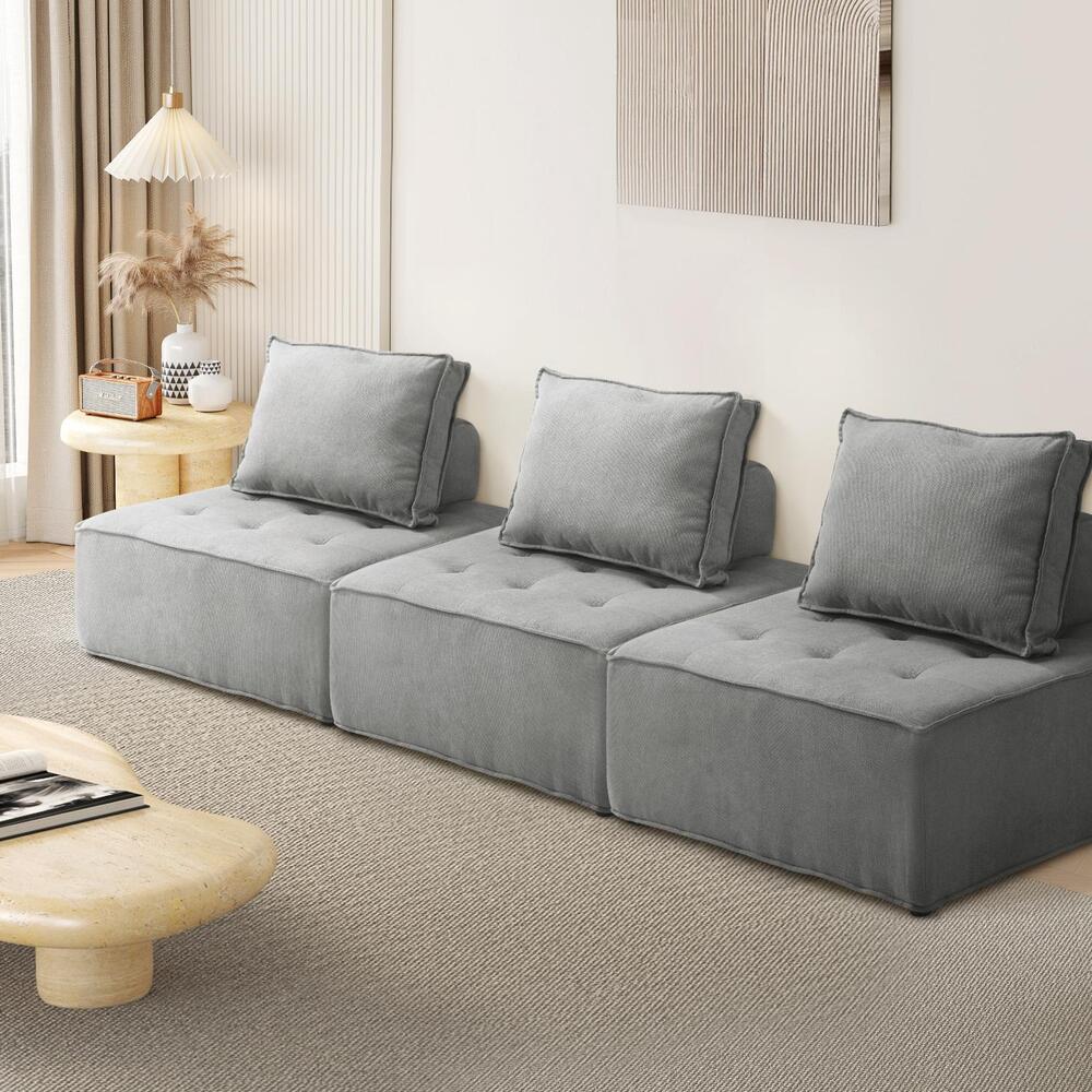 Oikiture 3PCS Modular Armless Sofa Linen Grey
