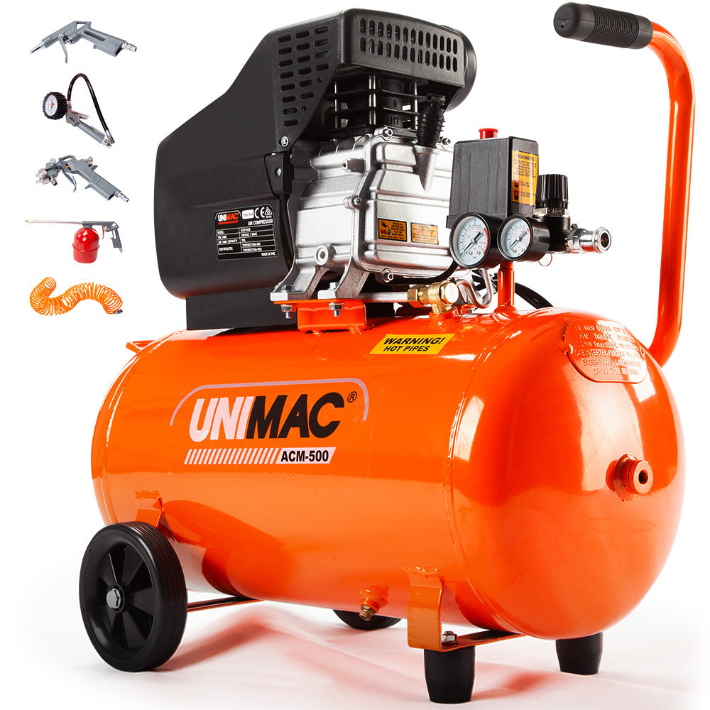 UNIMAC Portable Electric Air Compressor, 50L 3HP Direct Drive, Includes 5pc Air Tool Kit