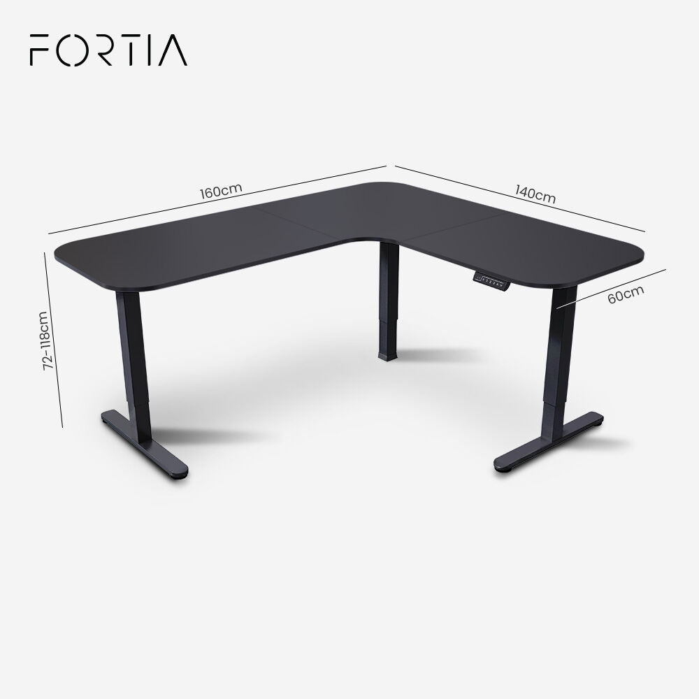 FORTIA Corner Standing Desk, 160x140cm, 72-118cm Sit to Stand Up Electric Height Adjustable, Black