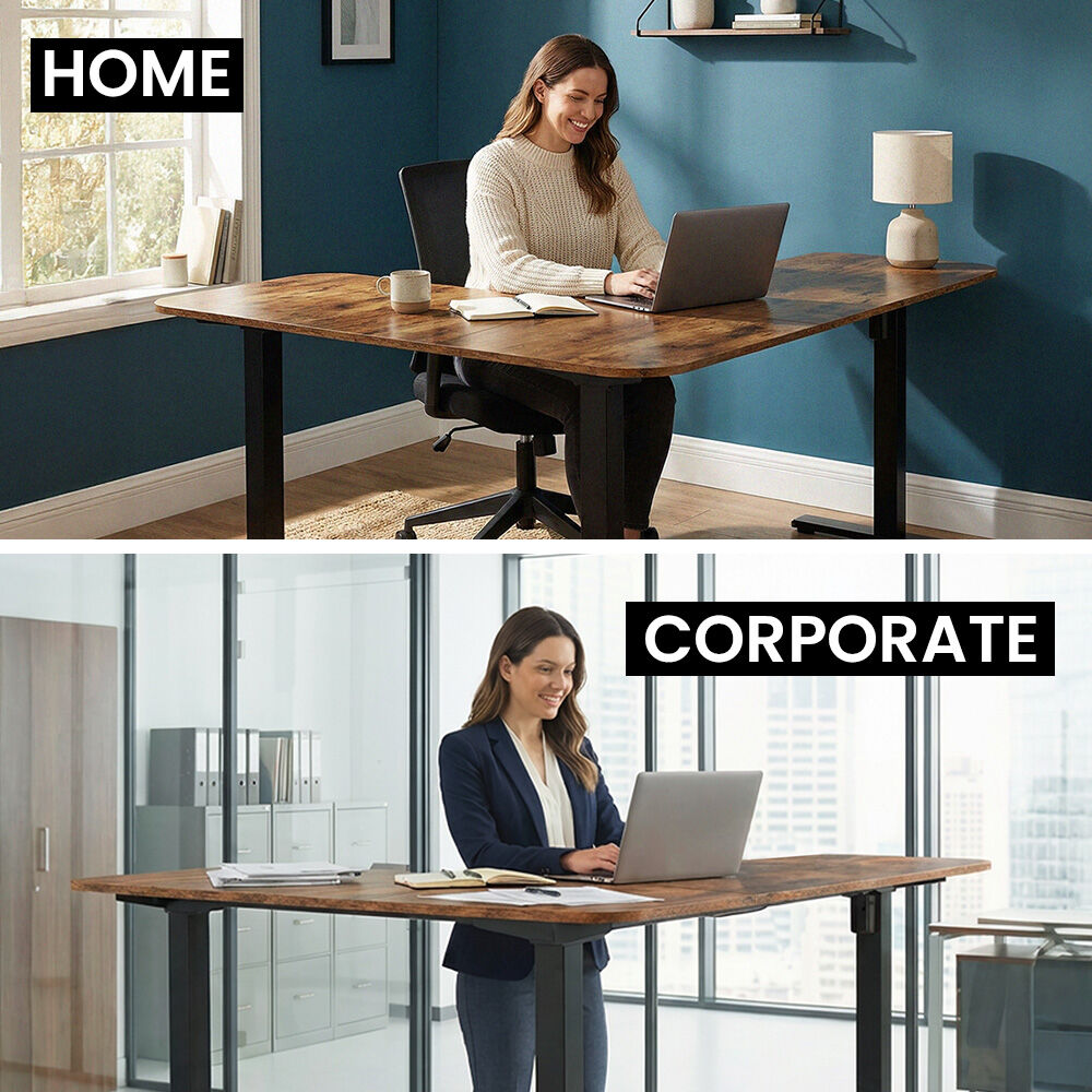 FORTIA Corner Standing Desk, 160x140cm, 72-118cm Sit to Stand Up Electric Height Adjustable, Walnut Style Desktop/Black Frame