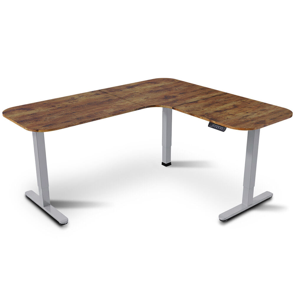 FORTIA Corner Standing Desk, 160x140cm, 72-118cm Sit to Stand Up Electric Height Adjustable, Walnut Style Desktop/Silver Frame