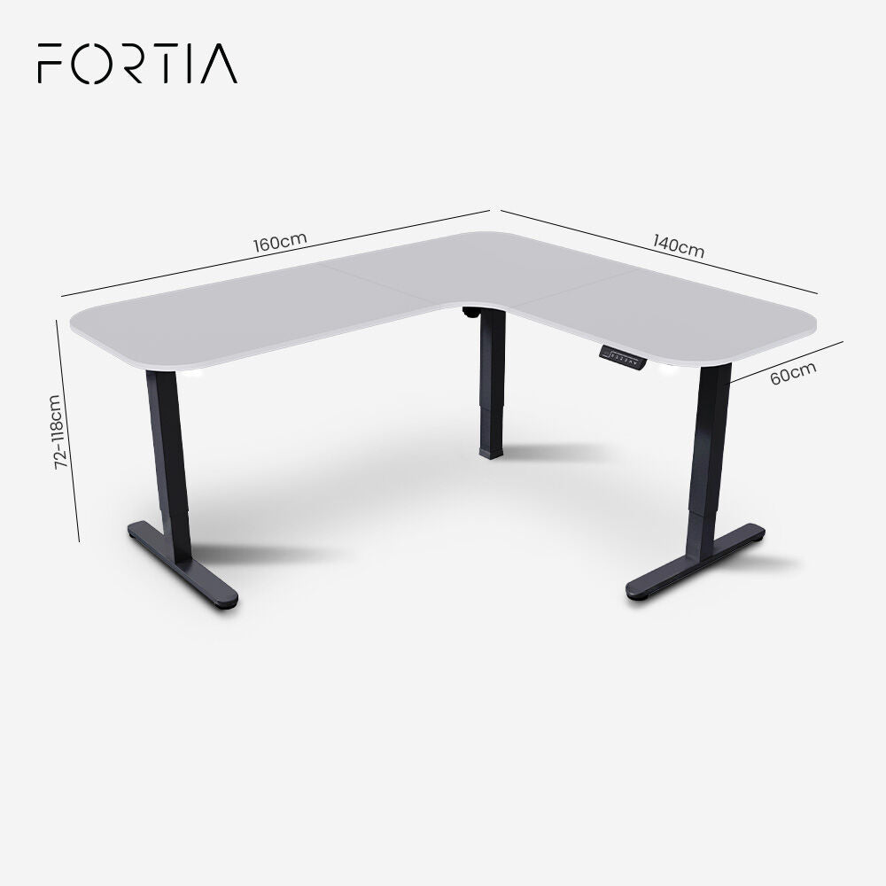 FORTIA Corner Standing Desk, 160x140cm, 72-118cm Sit to Stand Up Electric Height Adjustable, White Desktop/Black Frame