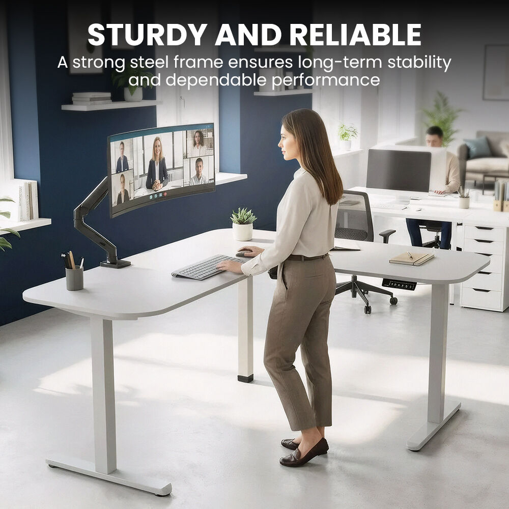 FORTIA Corner Standing Desk, 160x140cm, 72-118cm Sit to Stand Up Electric Height Adjustable, White Desktop/Silver Frame