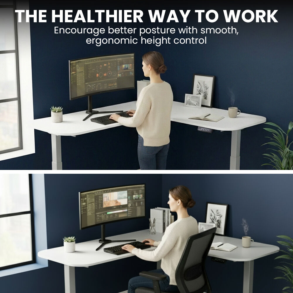 FORTIA Corner Standing Desk, 160x140cm, 72-118cm Sit to Stand Up Electric Height Adjustable, White Desktop/Silver Frame