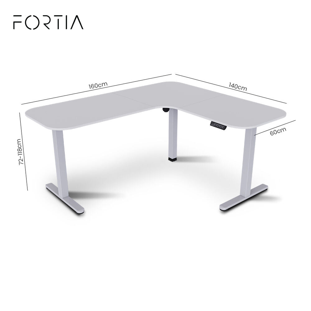 FORTIA Corner Standing Desk, 160x140cm, 72-118cm Sit to Stand Up Electric Height Adjustable, White Desktop/Silver Frame