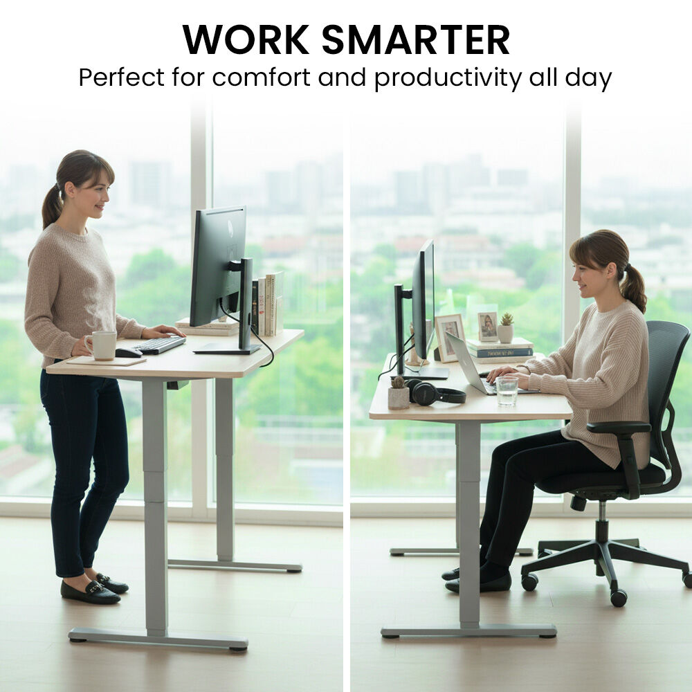 FORTIA Sit To Stand Standing Desk, 120x60cm, 72-118cm Electric Height Adjustable, Light Oak Style Desktop Silver Frame