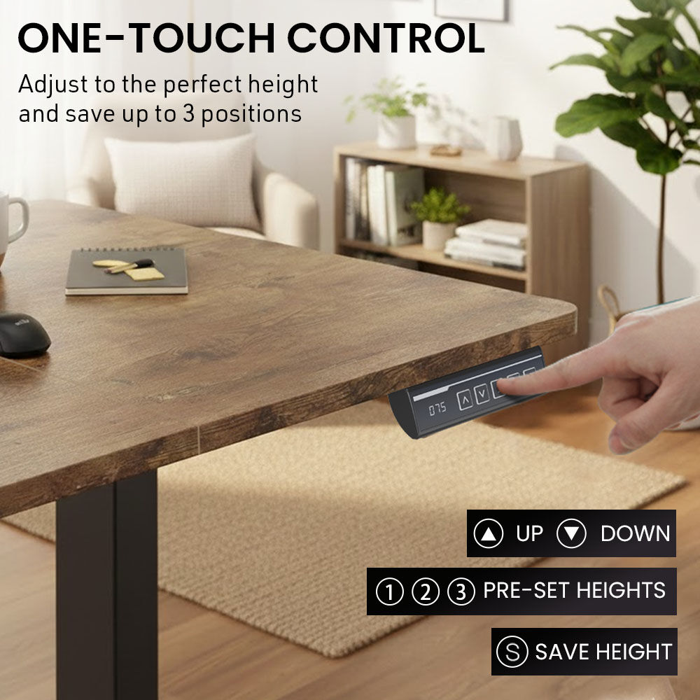 FORTIA Sit to Stand Standing Desk, 160x60cm, 72-118cm Electric Height Adjustable, Walnut Style Desktop/Black Frame