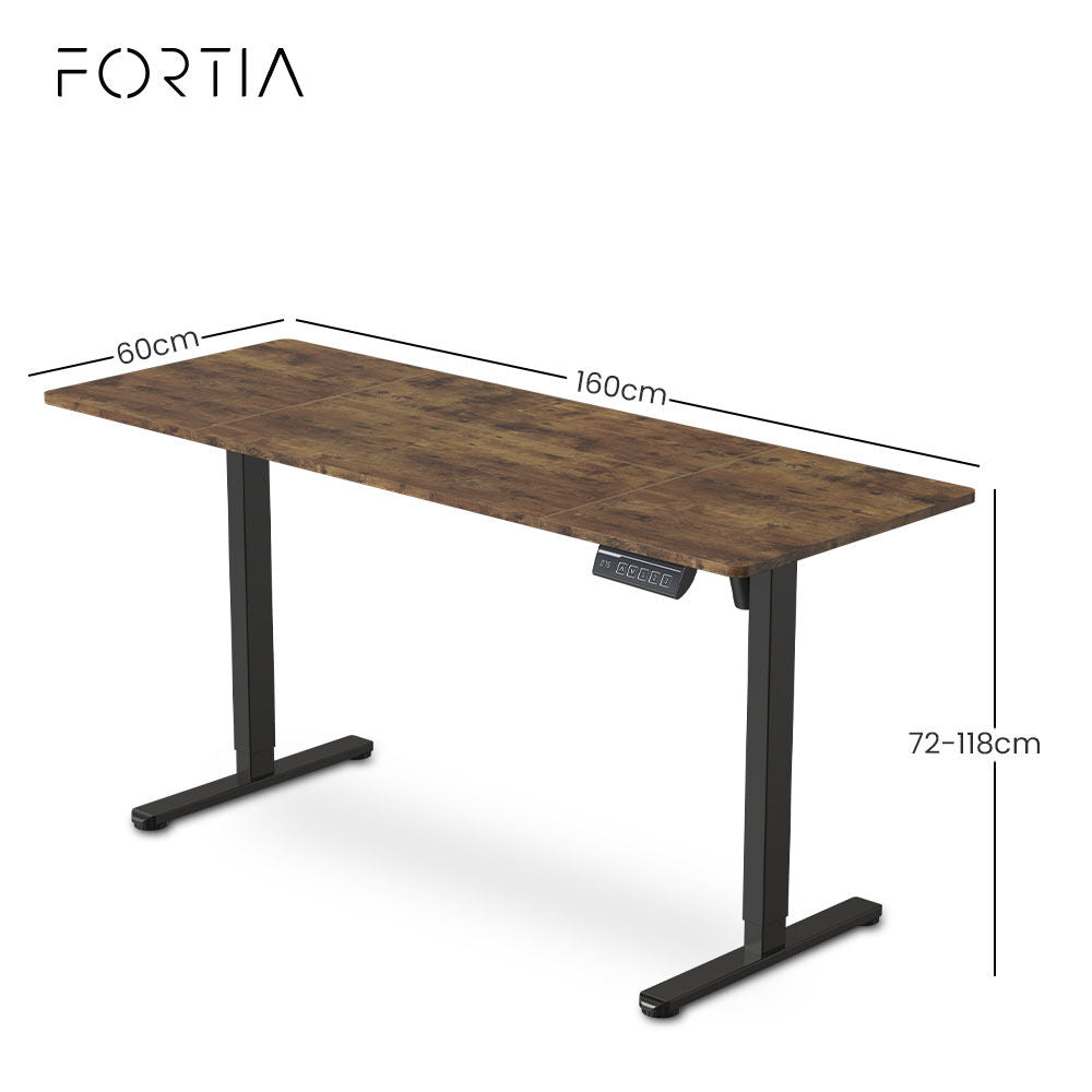 FORTIA Sit to Stand Standing Desk, 160x60cm, 72-118cm Electric Height Adjustable, Walnut Style Desktop/Black Frame