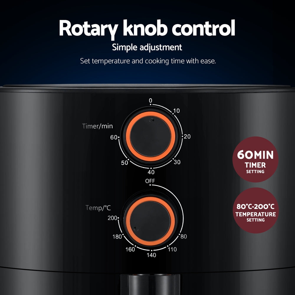 Devanti 4L 1500W Knob-Controlled Air Fryer with Timer and Oil-Free Cooking