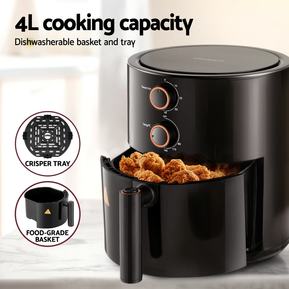 Devanti 4L 1500W Knob-Controlled Air Fryer with Timer and Oil-Free Cooking