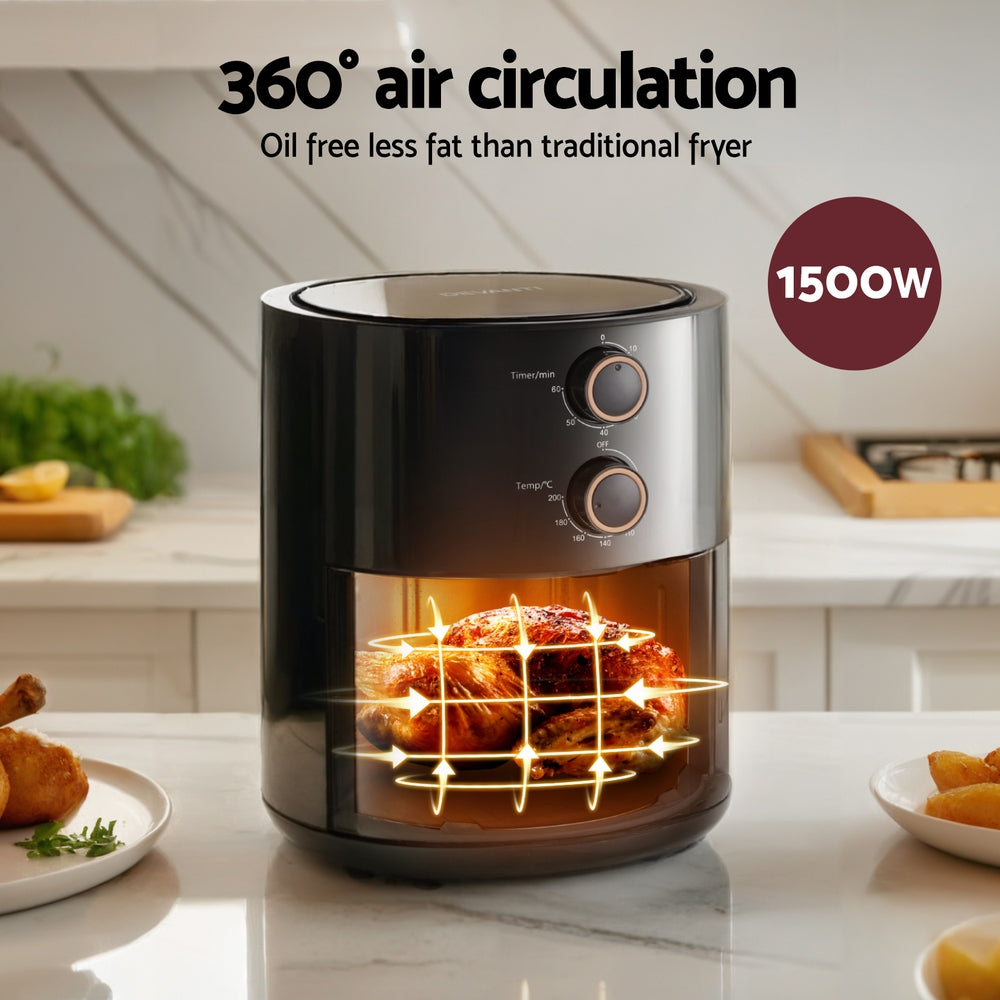 Devanti 4L 1500W Knob-Controlled Air Fryer with Timer and Oil-Free Cooking