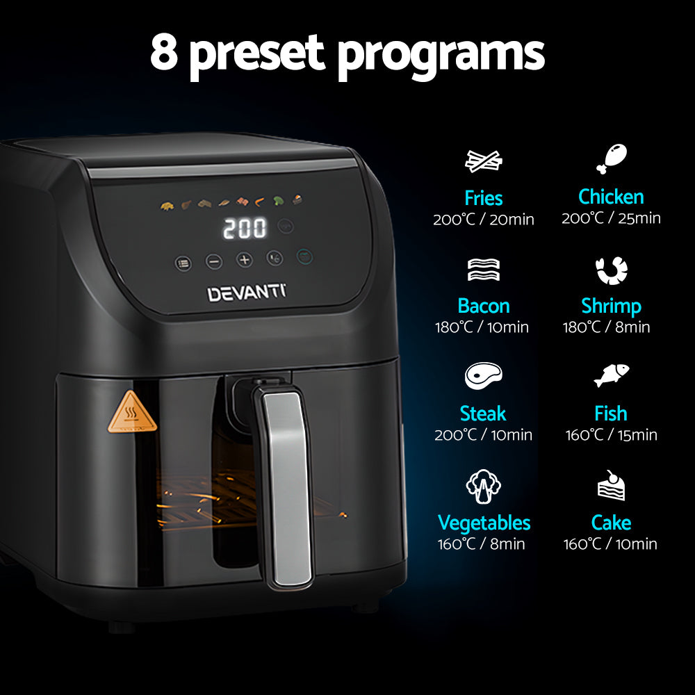 Devanti 5L Touchscreen Air Fryer with 1500W Power and Automatic Cooking Modes