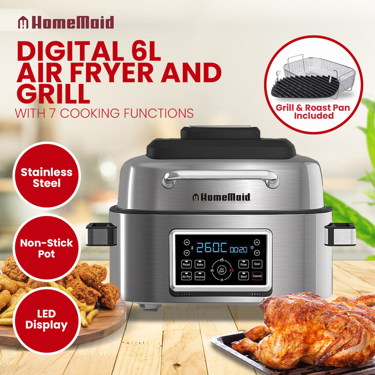 Homemaid Digital 6L Air Fryer and Grill Stainless Steel Housing LED Display