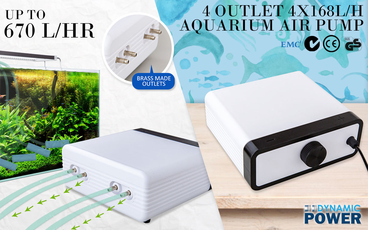 4 Outlet 670L/H 8W Aquarium Air Pump - WHITE