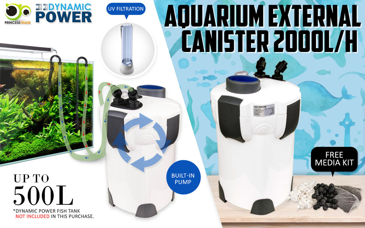 2000L/H UV Light Aquarium Canister Filter + Media Kit