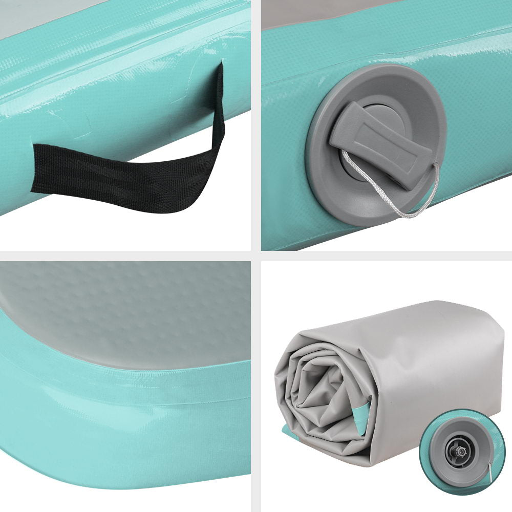 Mint Green and Grey Inflatable Air Track Mat for Gymnastics and Tumbling - 3m x 1m