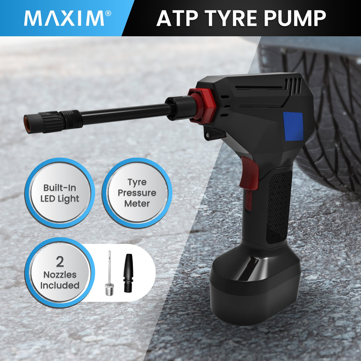 Maxim ATP Tyre Air Pump with LED Light For Cars, Motorbikes and Bicycles