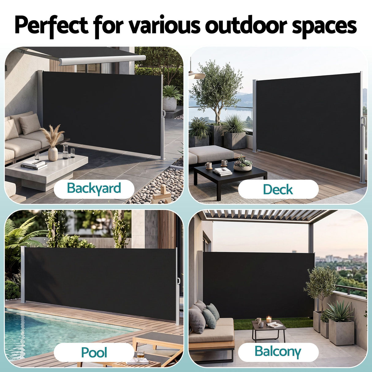 Instahut 1.4X3M Side Awning Retractable Privacy Screen Outdoor Sun Shade Black