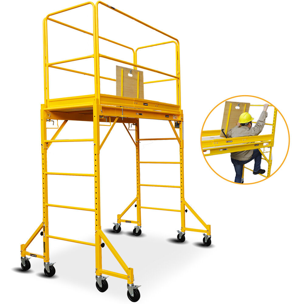 Baumr-AG 1.9 x 0.8 x 1.8m Adjustable Mobile Scaffold Platform, Guard Rail, Outrigger Wheel Set, Trapdoor Hatch
