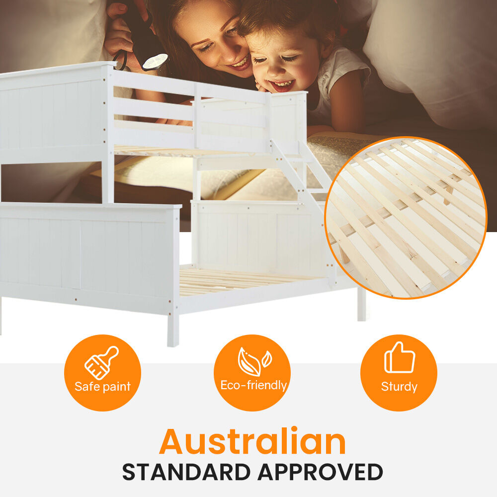 KINGSTON SLUMBER Triple Wooden Single Over Double Bunk Bed Frame for Kids, Convertible Design, White
