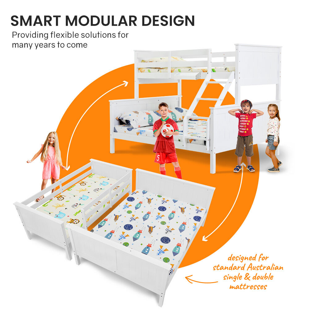 KINGSTON SLUMBER Triple Wooden Single Over Double Bunk Bed Frame for Kids, Convertible Design, White