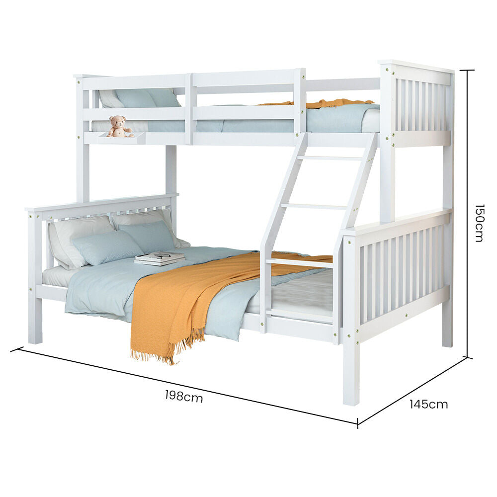 Kingston Slumber Single Over Double Wooden Bunk Bed Frame, Triple Solid Pine 2-in-1 Modular Design, Converts to 2 Beds, For Kids, White