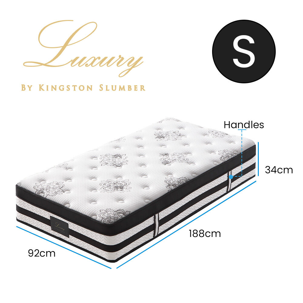 KINGSTON SLUMBER Luxury 34cm Single Mattress, Medium Firm, Euro Top, 5-Zone Pocket Spring Foam