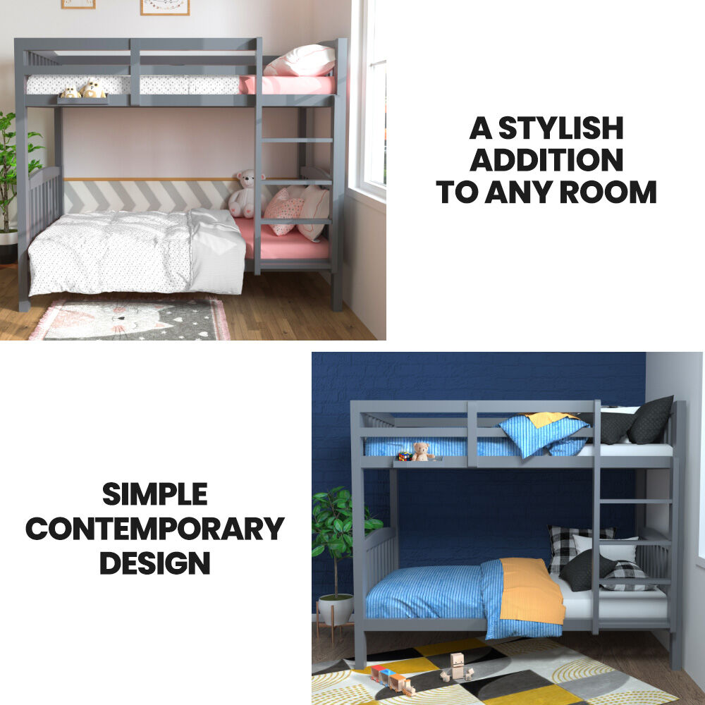 KINGSTON SLUMBER Single Bunk Bed Frame Solid Pine Wood Timber, Modular Design, Grey