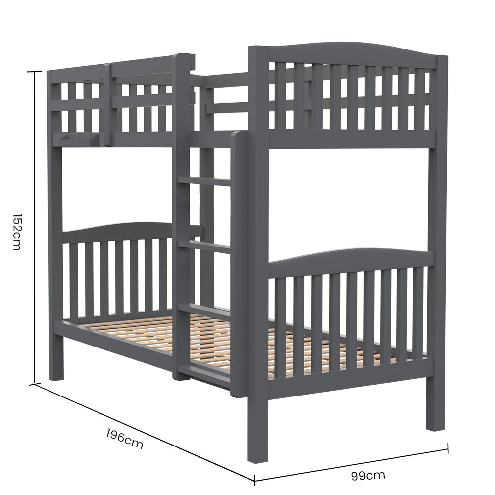 KINGSTON SLUMBER Single Bunk Bed Frame Solid Pine Wood Timber, Modular Design, Grey