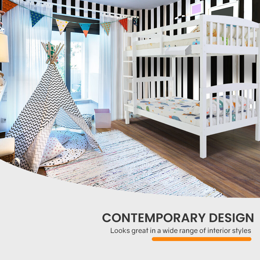 KINGSTON SLUMBER Wooden Kids Bunk Bed Frame, with Modular Design that can convert to 2 Single, White