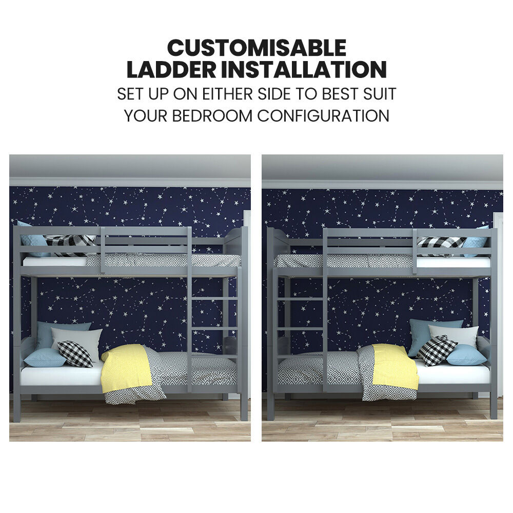 KINGSTON SLUMBER Single Bunk Bed Frame, Solid Pine 2-in-1 Modular Design Convert to 2 Single Beds, Grey