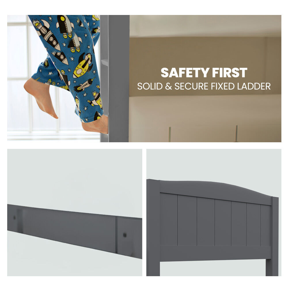 KINGSTON SLUMBER Single Bunk Bed Frame, Solid Pine 2-in-1 Modular Design Convert to 2 Single Beds, Grey