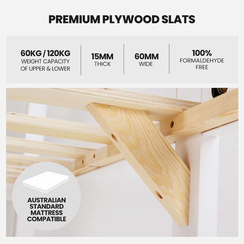 KINGSTON SLUMBER Single Bunk Bed Frame Solid Pine Wood Timber, Modular Design, White