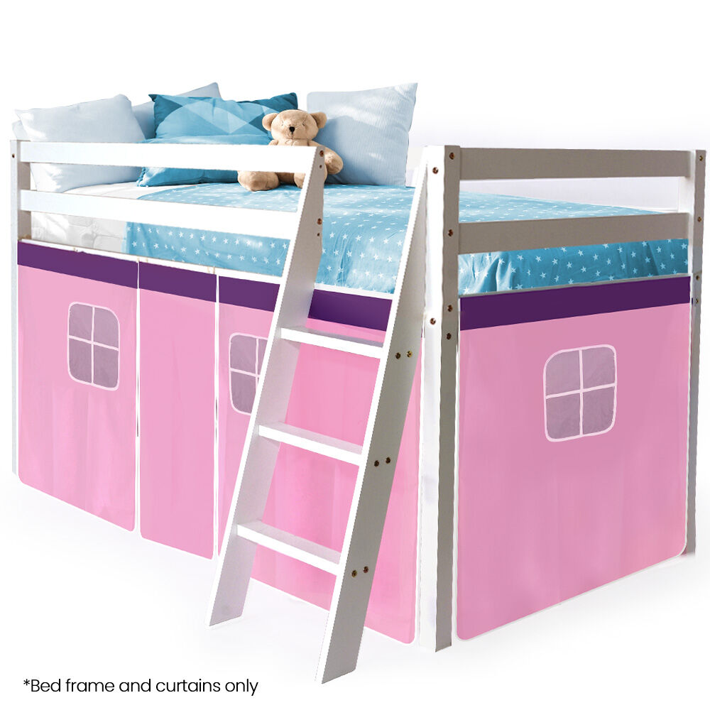 Kingston Slumber Wooden Kids Single Loft Bed Frame - Hiding Space Underneath with Interchangeable Pink and Blue Curtains