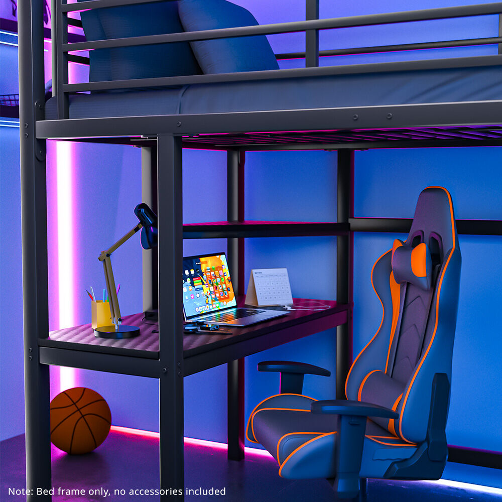 Gaming Loft Bed with Desk, Steel Metal Frame, Space Saving Design, for Single Mattress, Matte Dark G