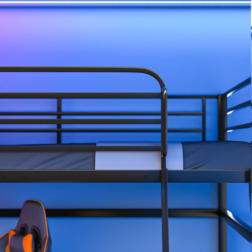 Gaming Loft Bed with Desk, Steel Metal Frame, Space Saving Design, for Single Mattress, Matte Dark G