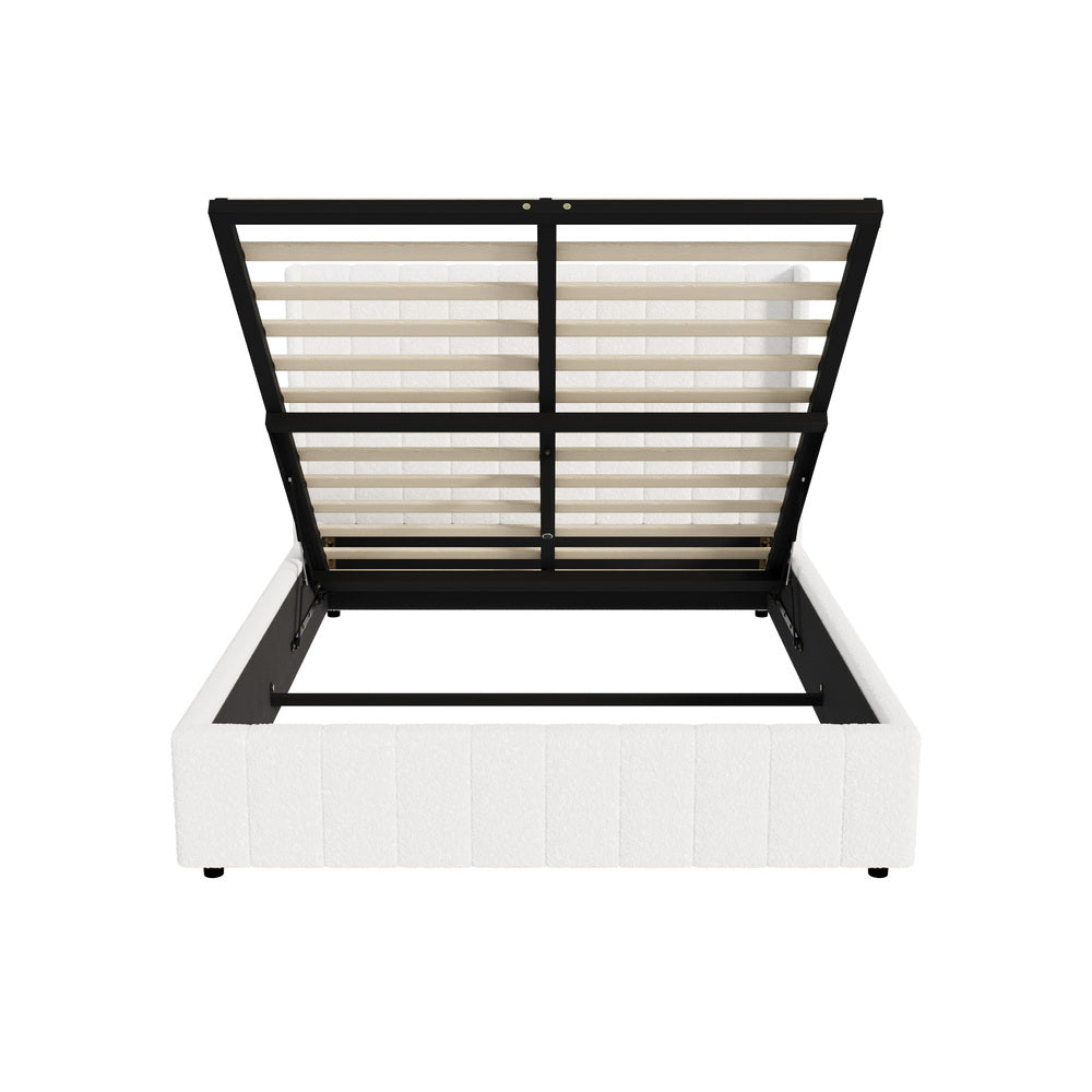 Oikiture Bed Frame Double Size Gas Lift Base Boucle Fabric White