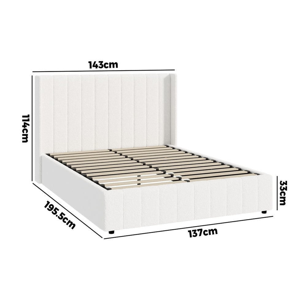 Oikiture Bed Frame Double Size Gas Lift Base Boucle Fabric White