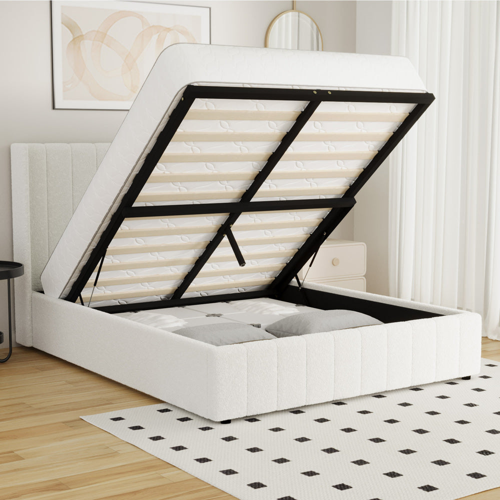 Oikiture Bed Frame Double Size Gas Lift Base Boucle Fabric White