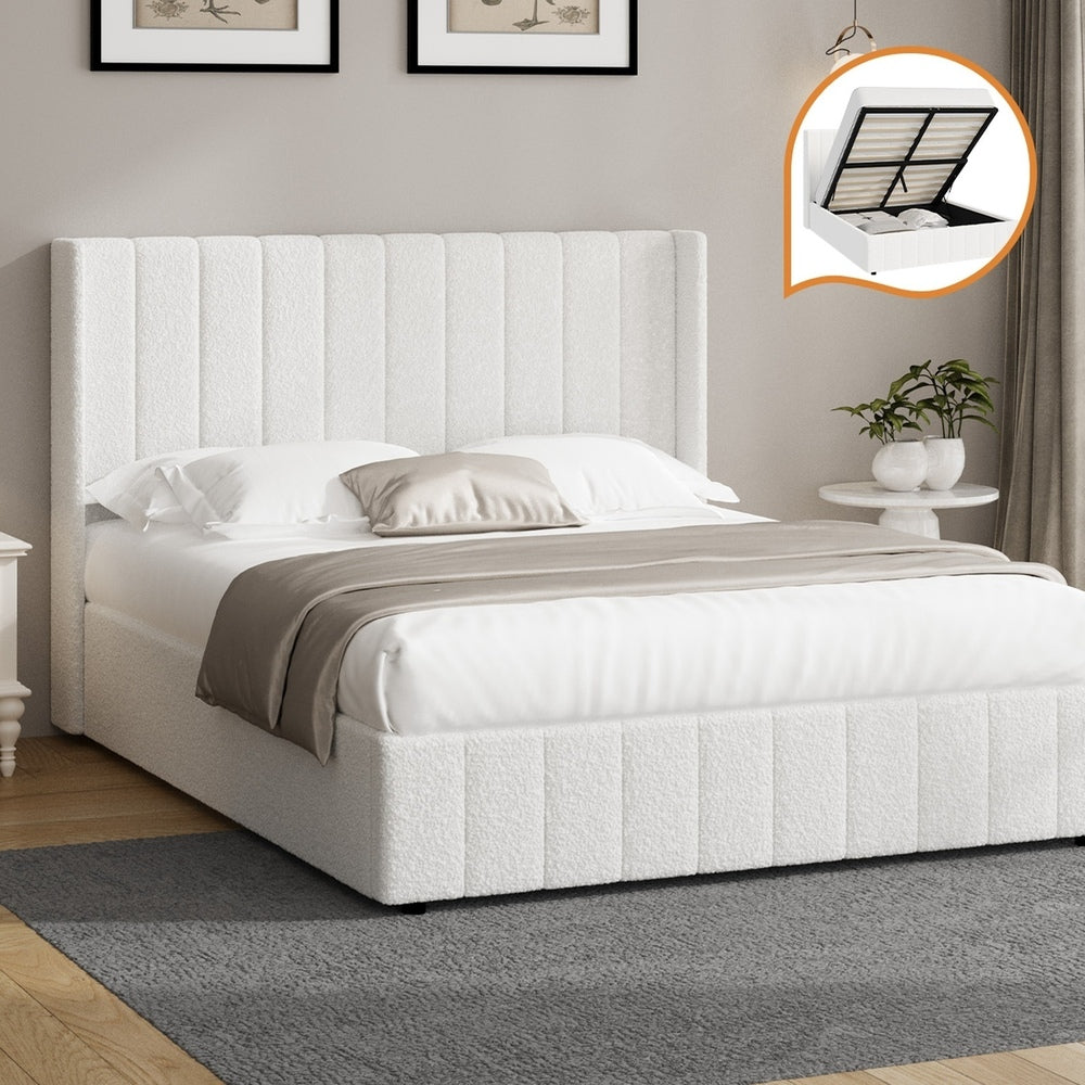 Oikiture Bed Frame Double Size Gas Lift Base Boucle Fabric White