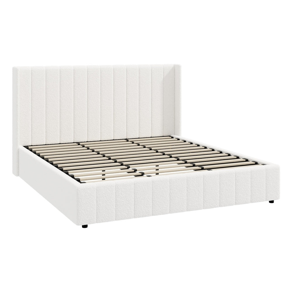 Oikiture Bed Frame King Size Gas Lift Base Boucle Fabric White