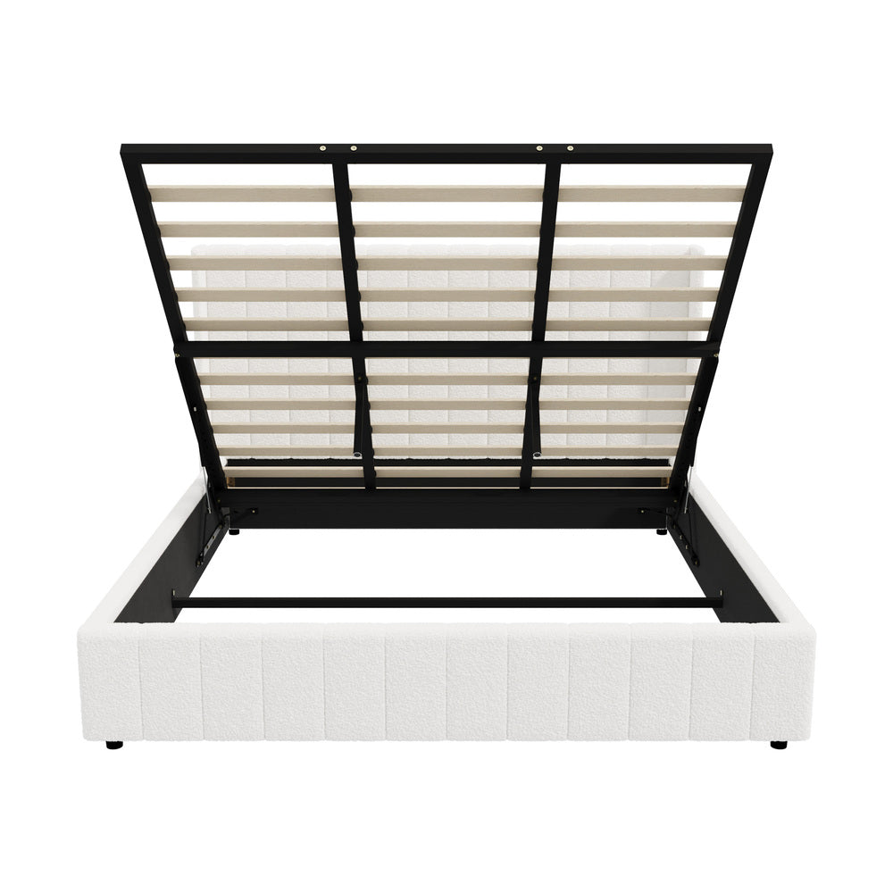 Oikiture Bed Frame King Size Gas Lift Base Boucle Fabric White