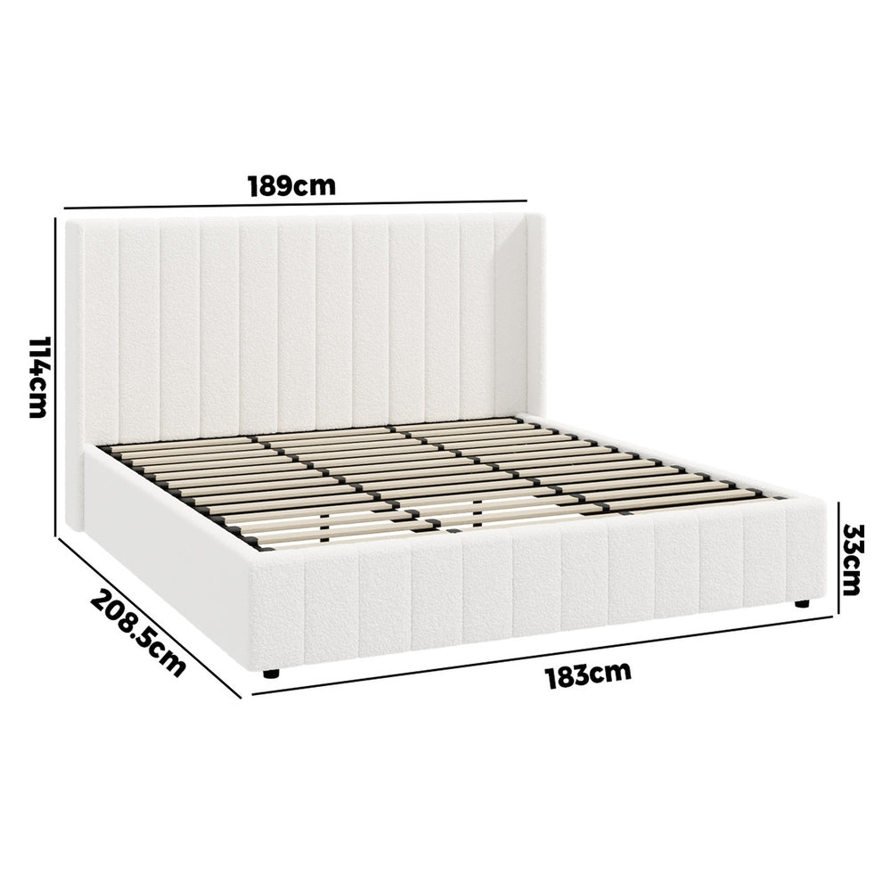 Oikiture Bed Frame King Size Gas Lift Base Boucle Fabric White