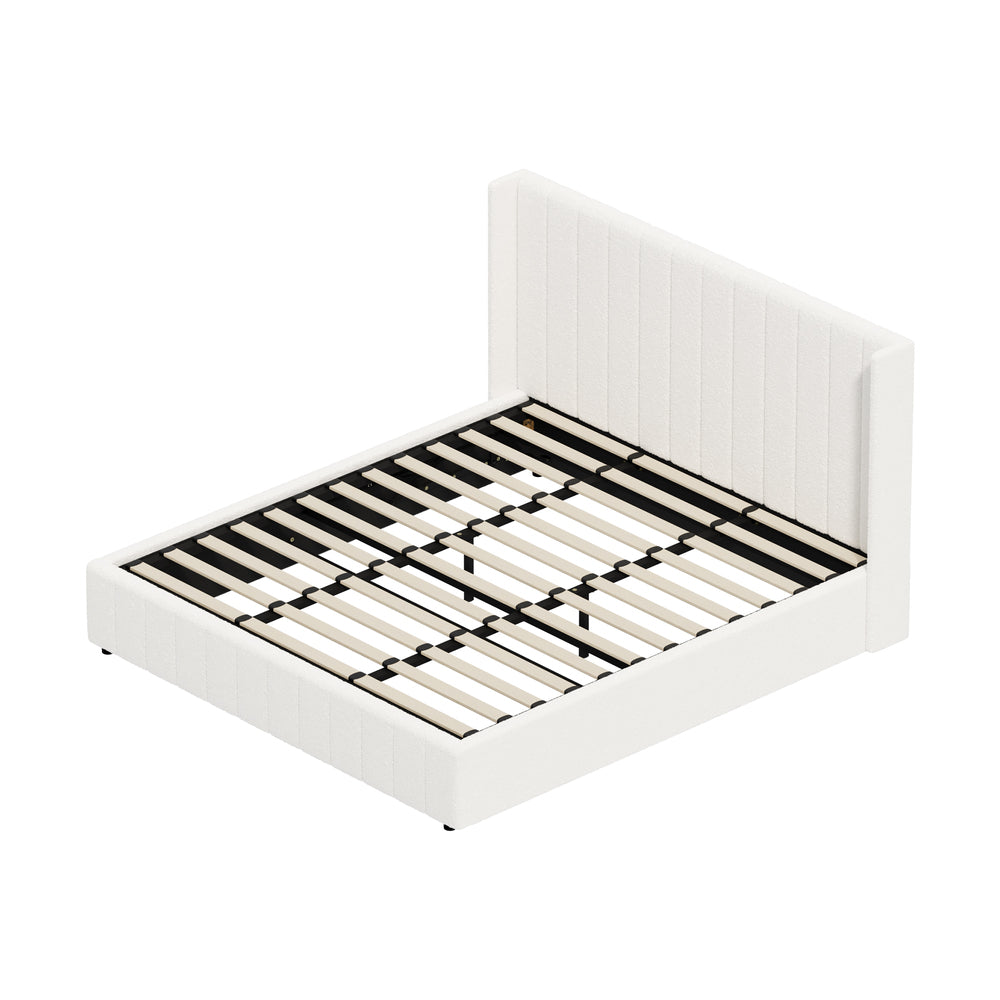 Oikiture Bed Frame King Size Gas Lift Base Boucle Fabric White