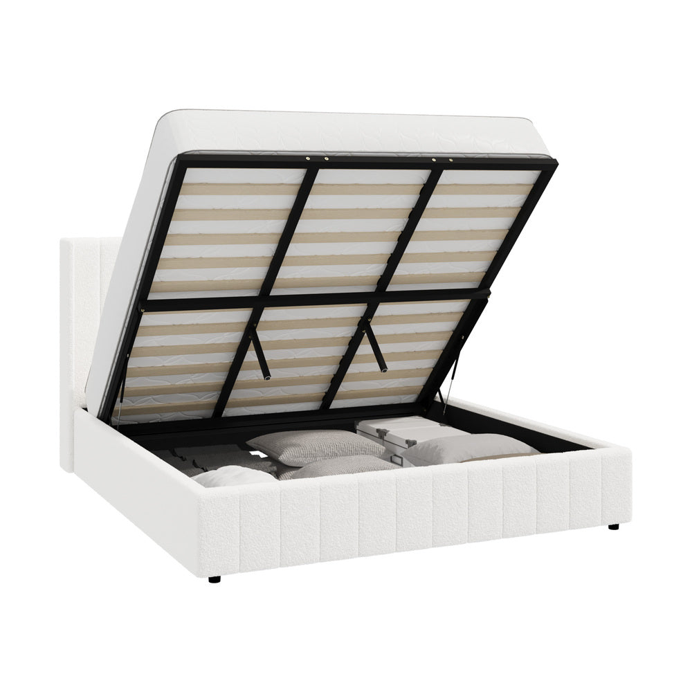 Oikiture Bed Frame King Size Gas Lift Base Boucle Fabric White