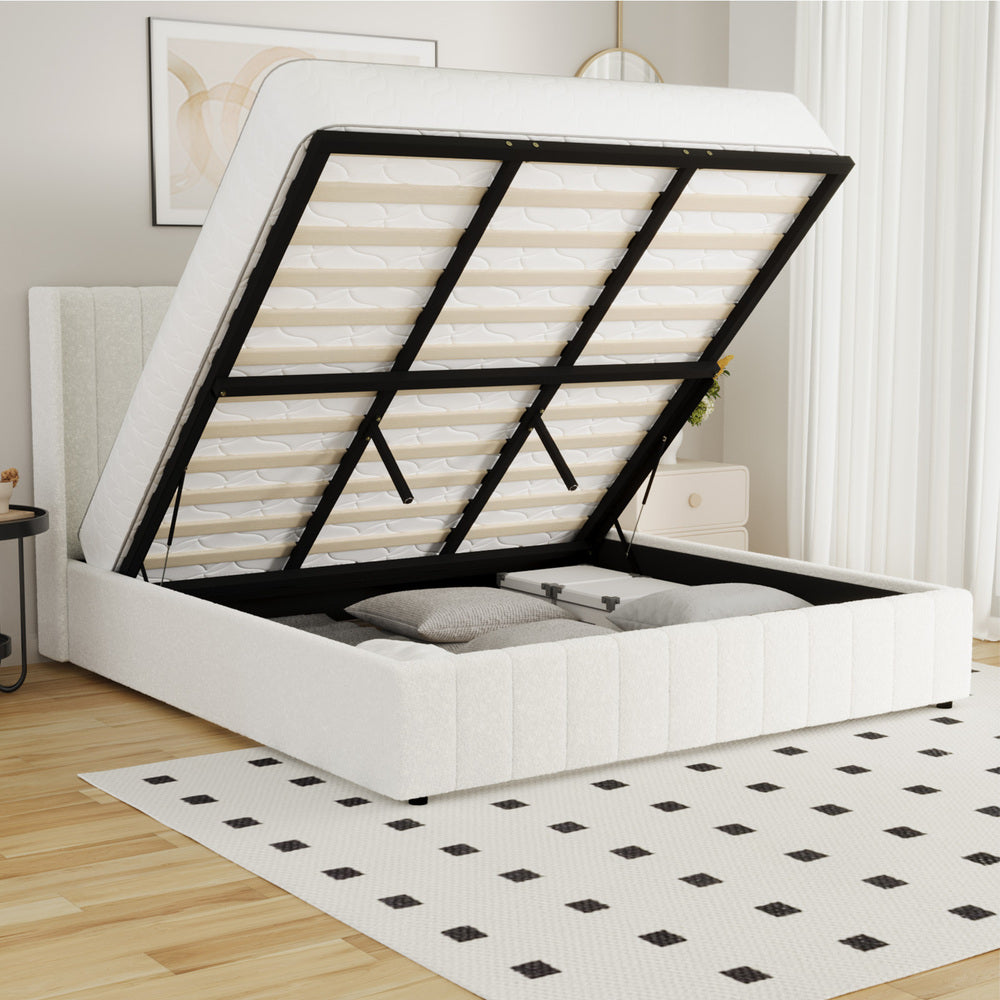 Oikiture Bed Frame King Size Gas Lift Base Boucle Fabric White