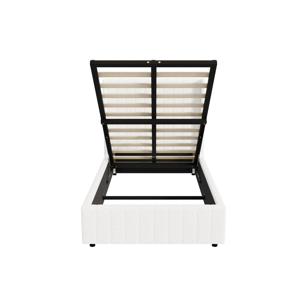 Oikiture Bed Frame King Single Gas Lift Base Boucle Fabric White