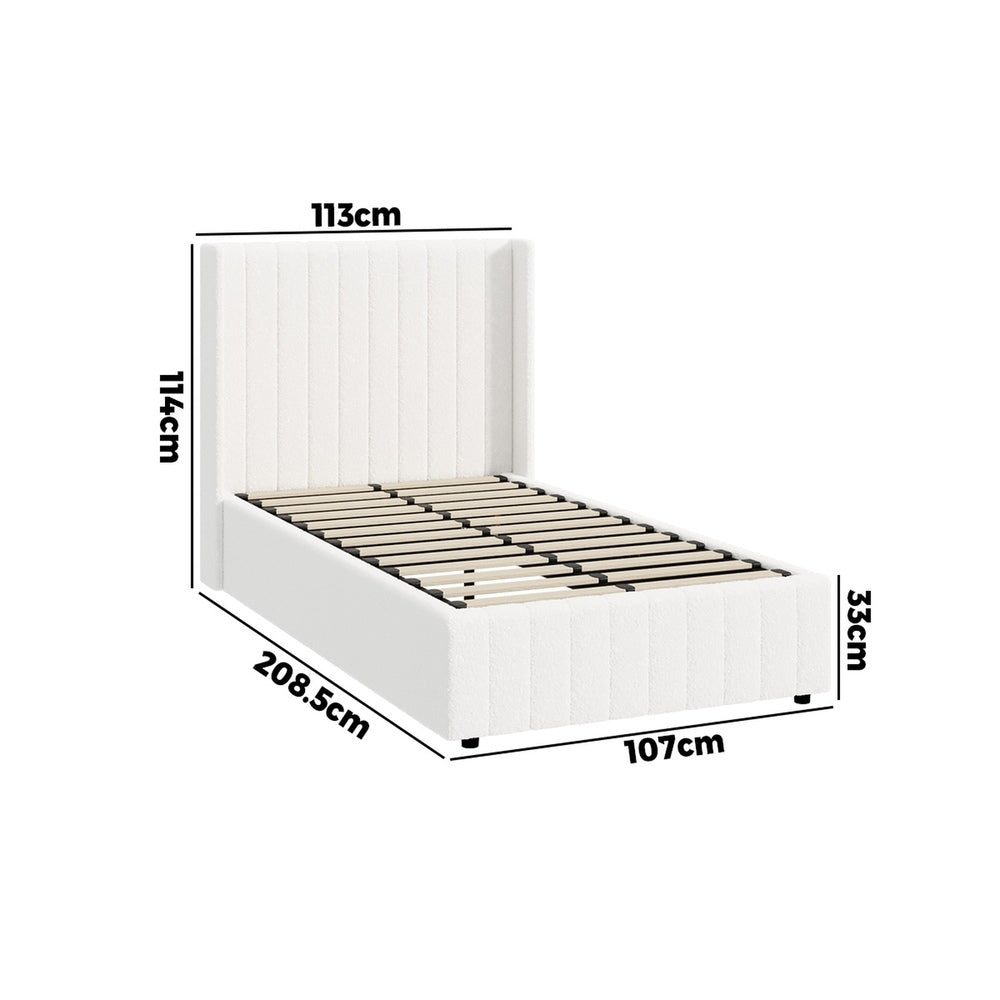 Oikiture Bed Frame King Single Gas Lift Base Boucle Fabric White