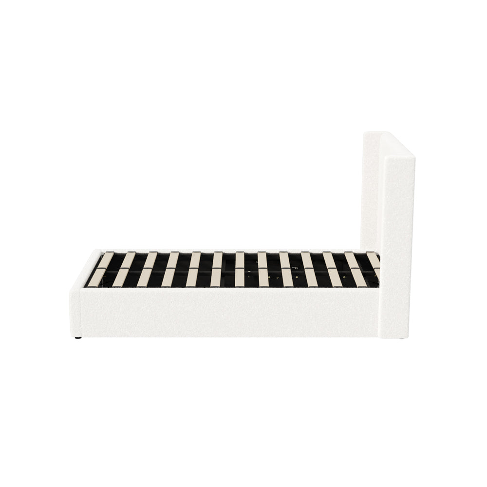 Oikiture Bed Frame King Single Gas Lift Base Boucle Fabric White