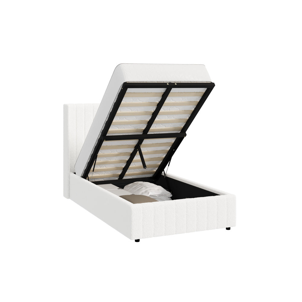 Oikiture Bed Frame King Single Gas Lift Base Boucle Fabric White